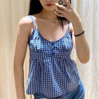 Women's blue checkered crop tops, lightweight cotton for casual wear