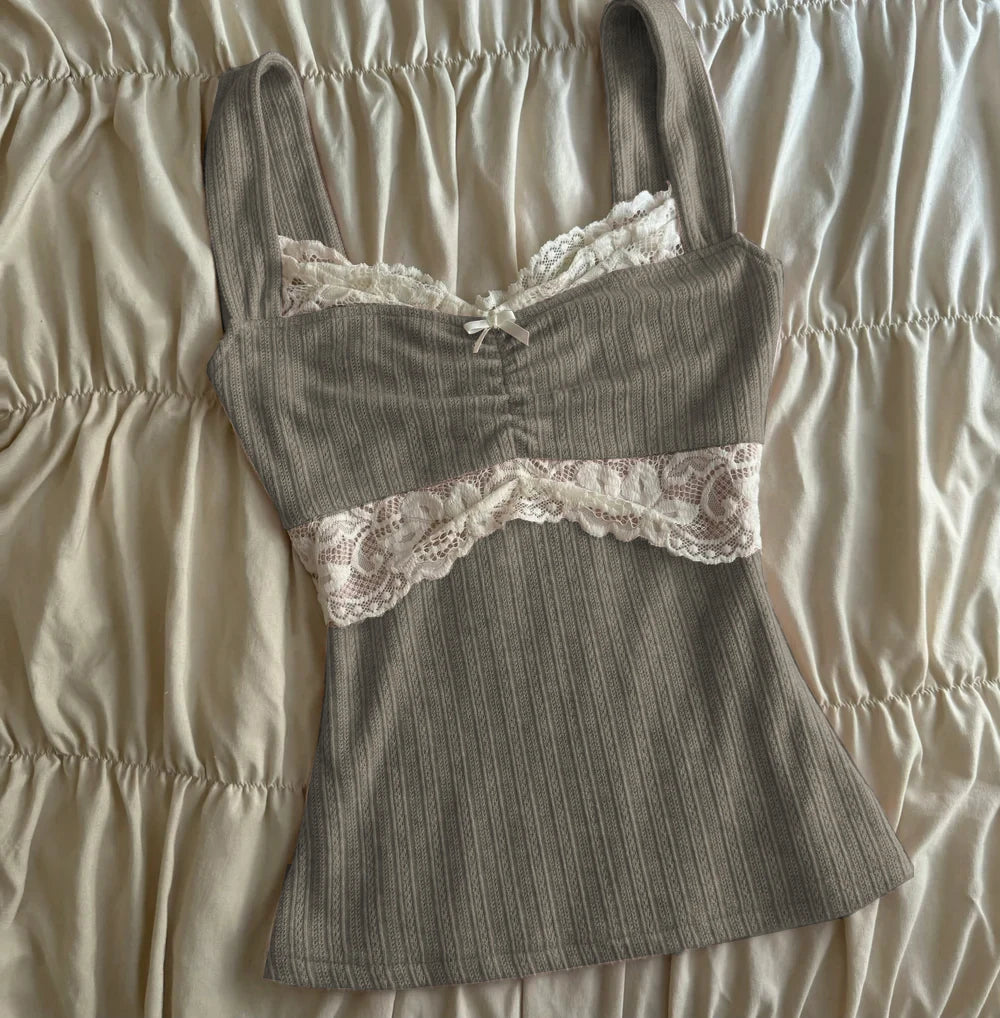 Women's crop tops in gray with lace detailing, perfect for summer outings
