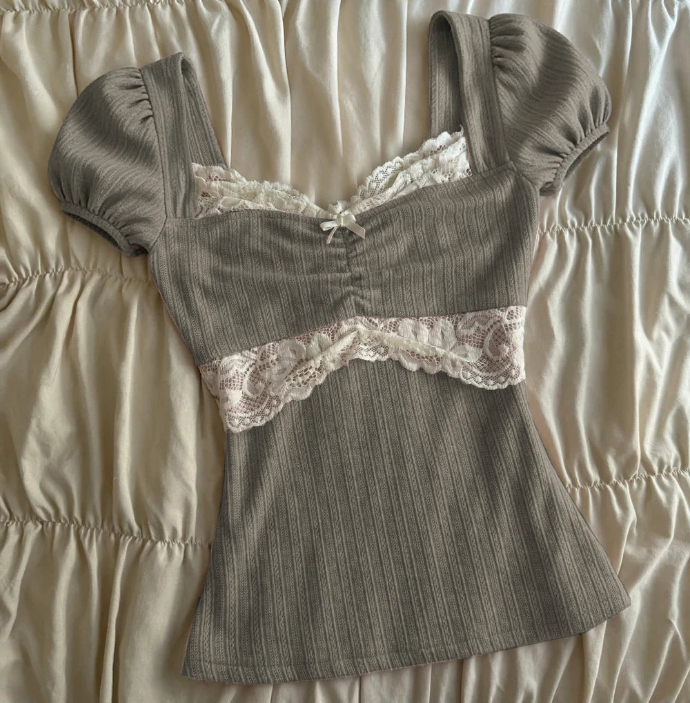 Women's ribbed crop tops in grey with lace detailing for casual wear