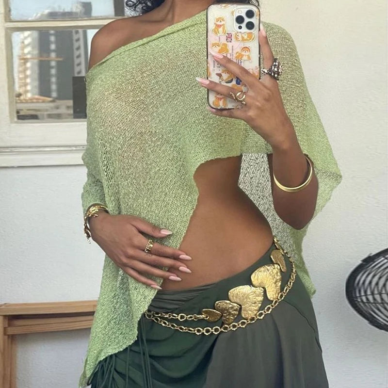 Women's green sheer crop top, perfect for summer outings and beachwear