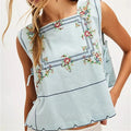 Women's embroidered light blue crop tops for casual summer outings