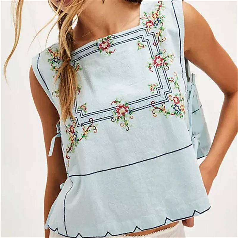 Women's embroidered light blue crop tops for casual summer outings