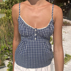 Women's navy checkered crop tops, breathable cotton for summer wear
