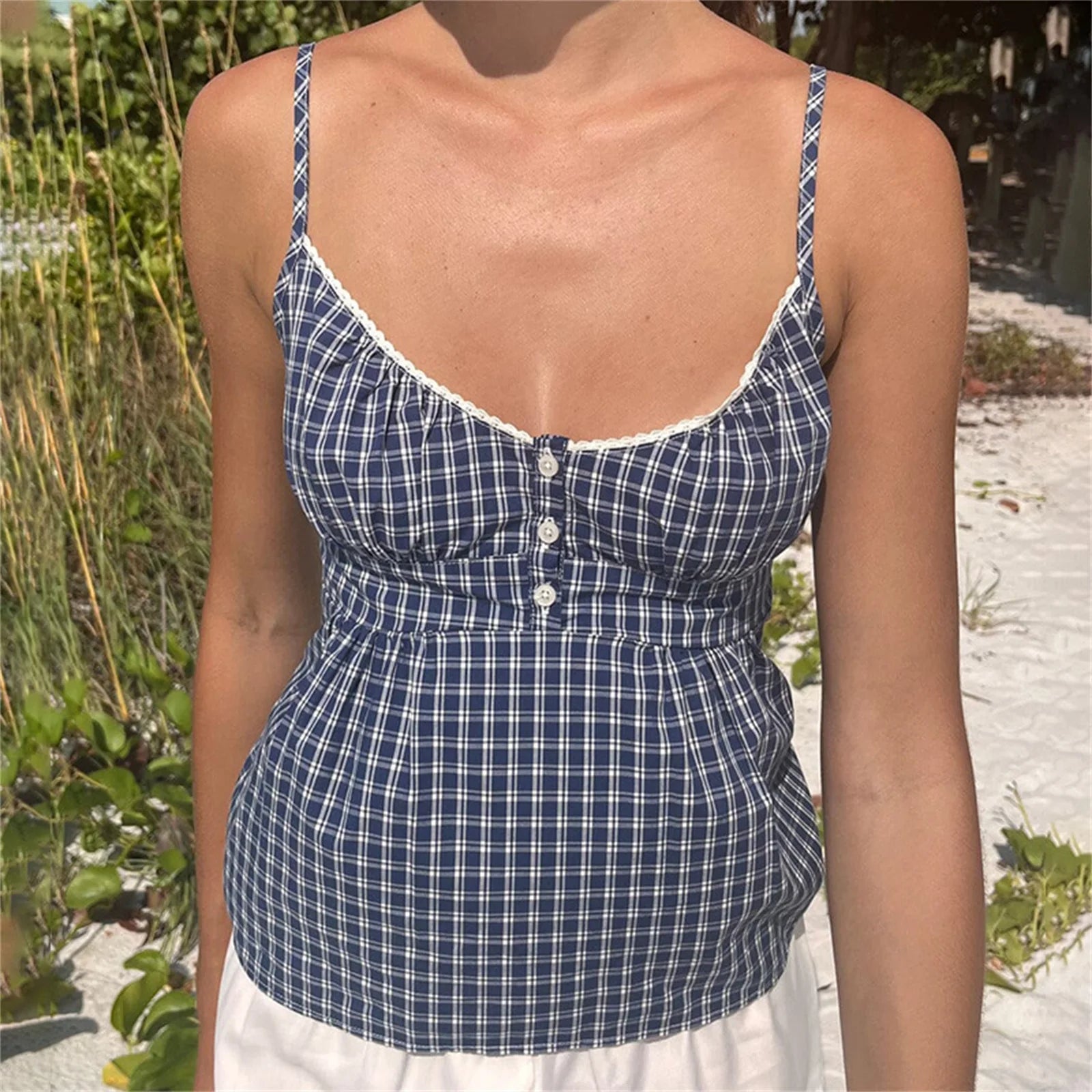 Women's navy checkered crop tops, breathable cotton for summer wear