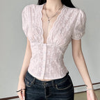 Women's pink crop tops with puff sleeves for casual outings