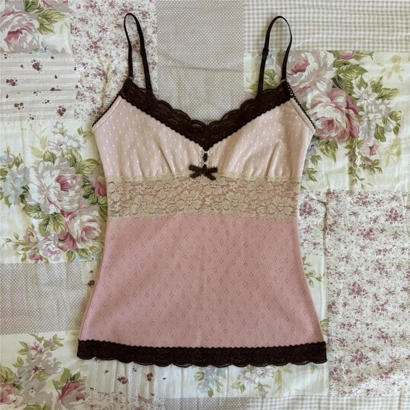 Women's lace trim crop tops in pink and beige for casual outings