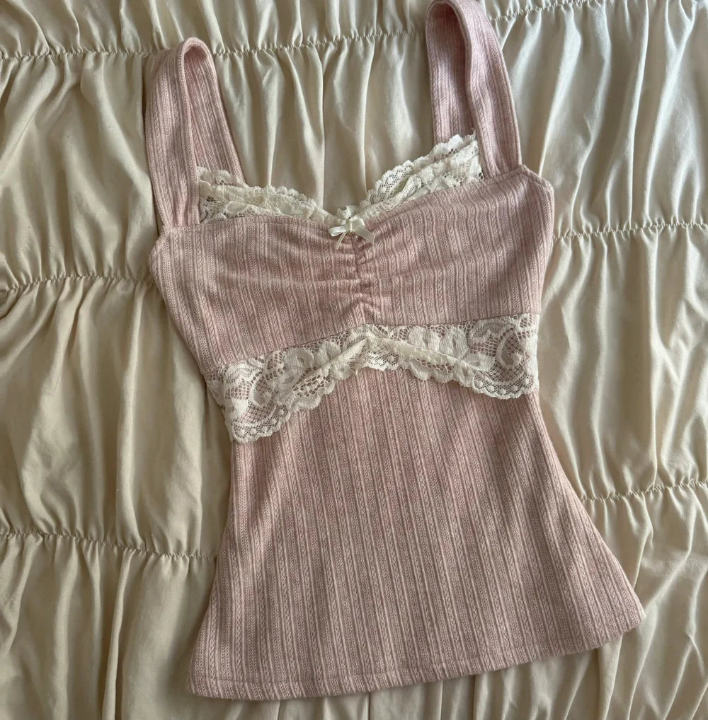 Women's pink crop tops with lace trim, perfect for summer wear