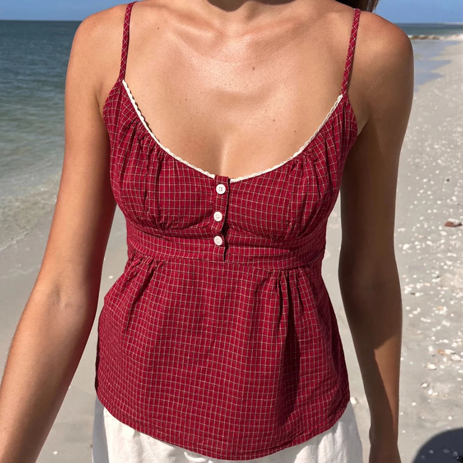 Women's red checkered crop top, lightweight fabric, perfect for summer outings