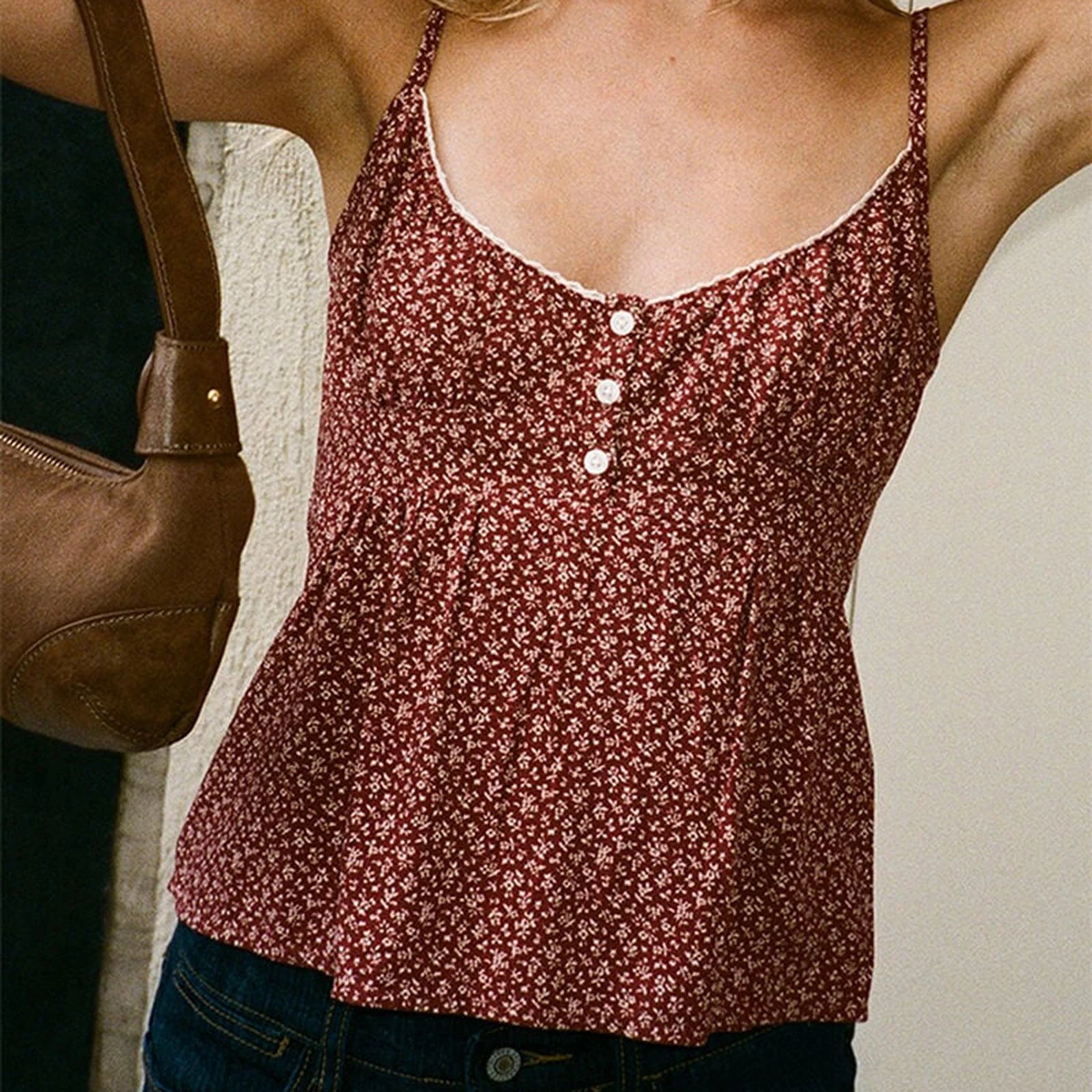 Women's floral crop tops in burgundy for casual summer wear