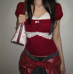 Women's red crop tops with lace accents, perfect for casual outings
