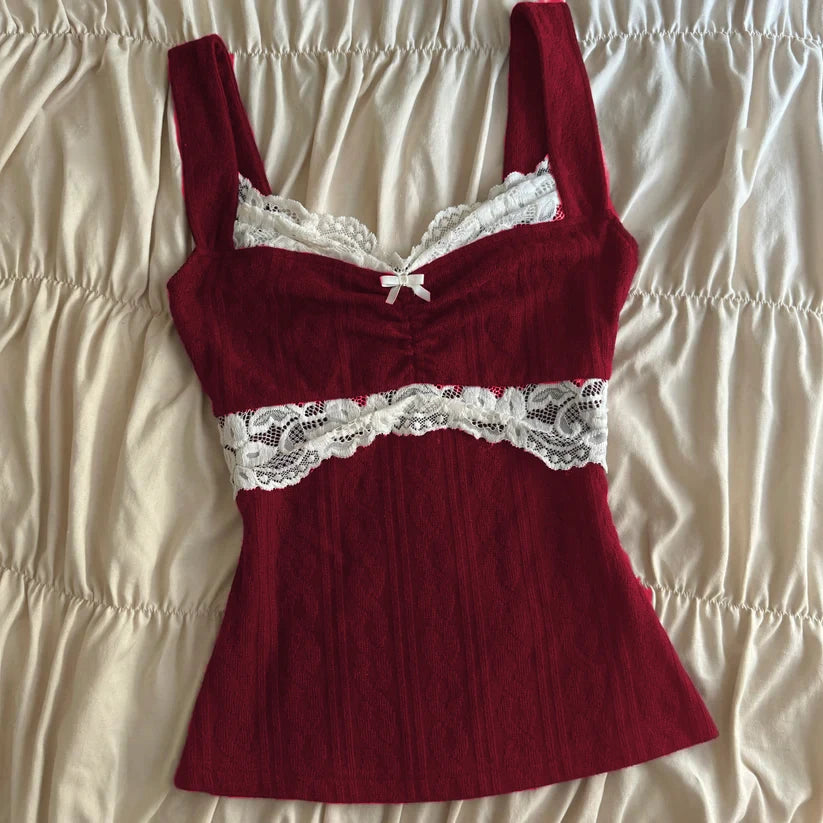 Women's burgundy crop top with lace detailing, perfect for summer outings