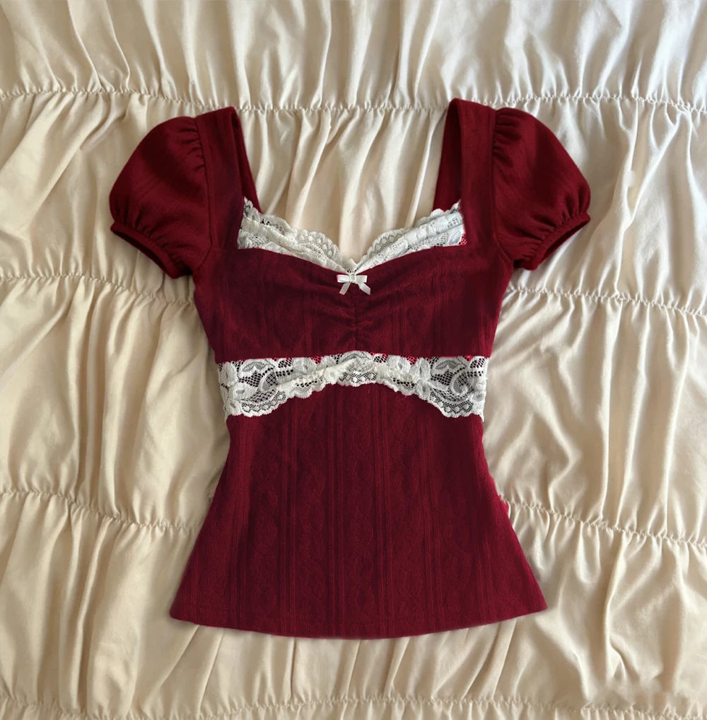 Women's burgundy crop tops with lace trim for summer outings
