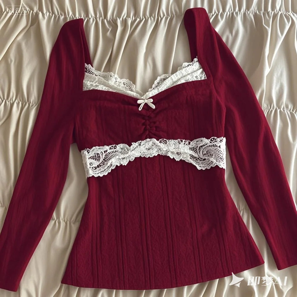 Women's burgundy crop tops with lace trim, stylish for casual outings