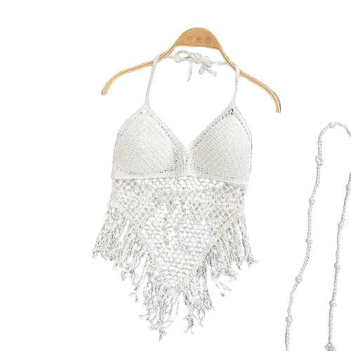 Boho white crochet crop tops with fringe for beach wear