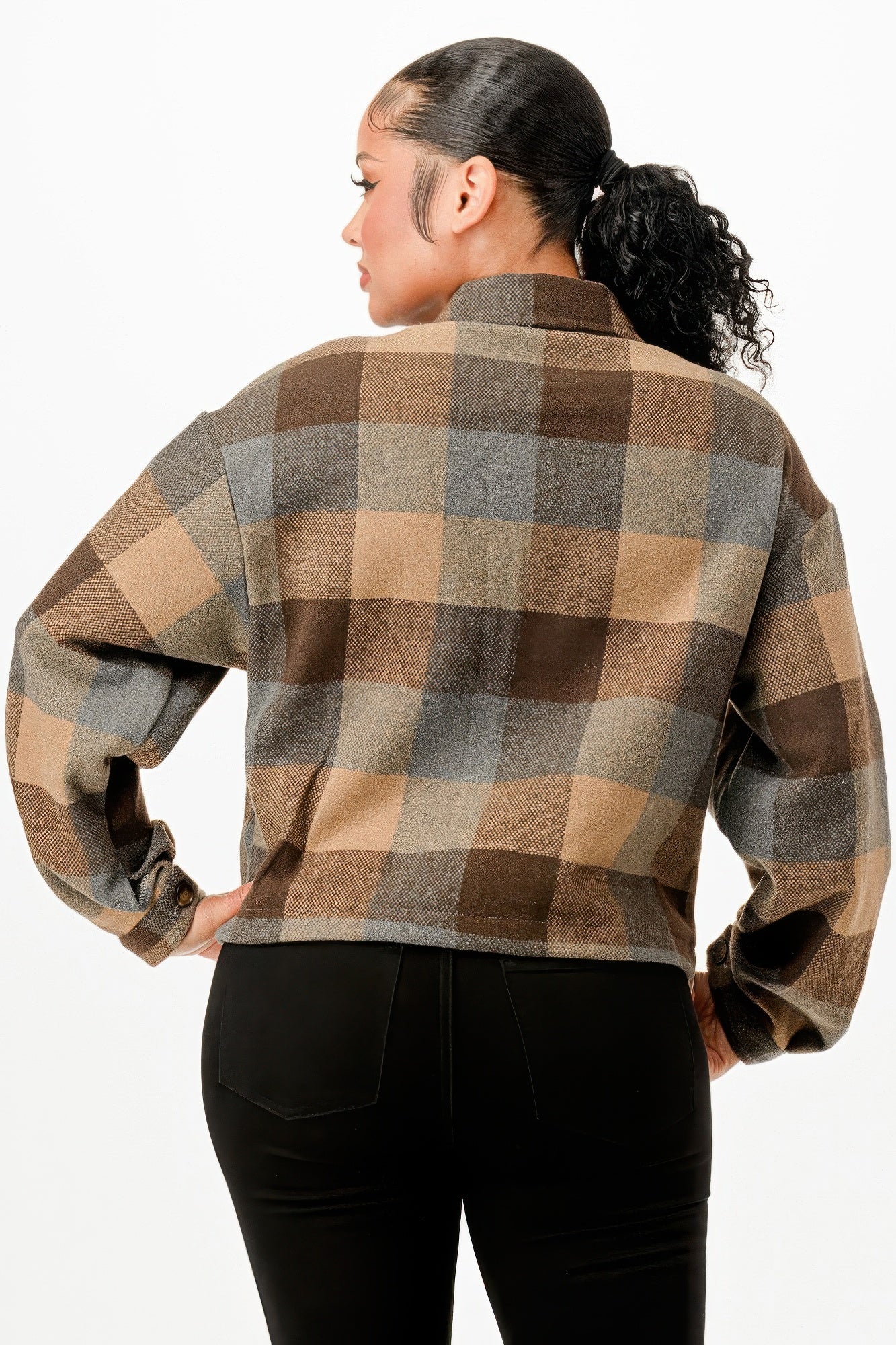Back view of a stylish cropped brown flannel jacket with a plaid pattern for women