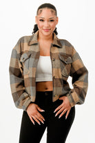 VacationGrabs cropped brown flannel jacket with button-up front and chest pockets for a stylish look