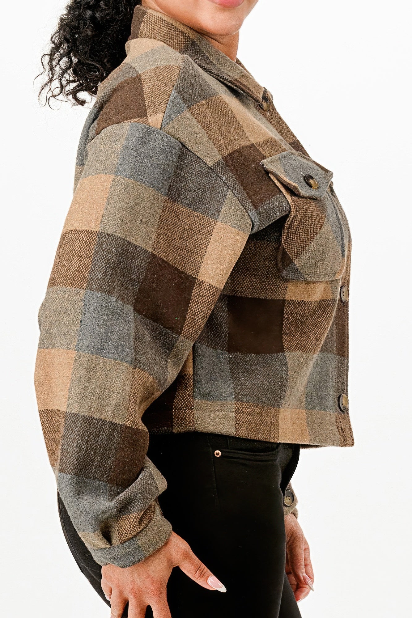 Cropped brown flannel jacket with a stylish check pattern and buttoned front for women