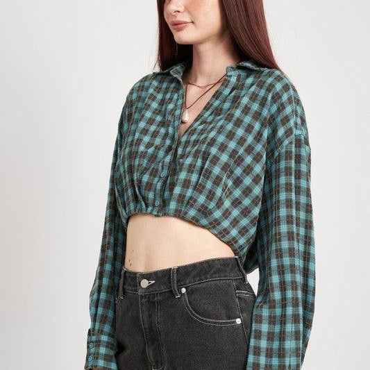 Women's Shirts Cropped Button Up Shirt With Elastic Waistband