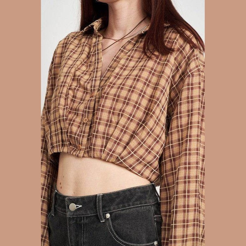 Cropped Button Up Shirt With Elastic Waistband - VacationGrabs