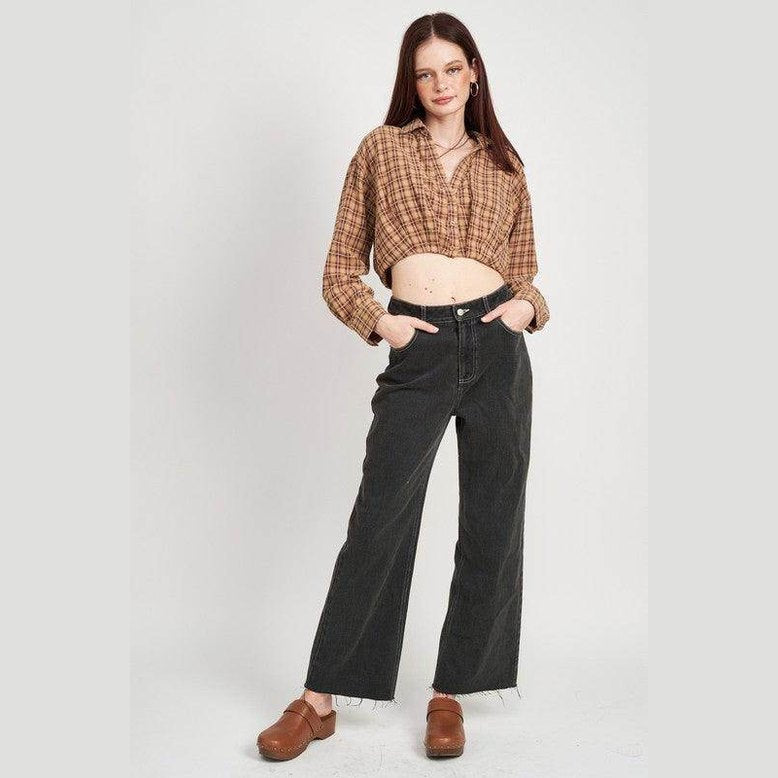 Cropped Button Up Shirt With Elastic Waistband - VacationGrabs