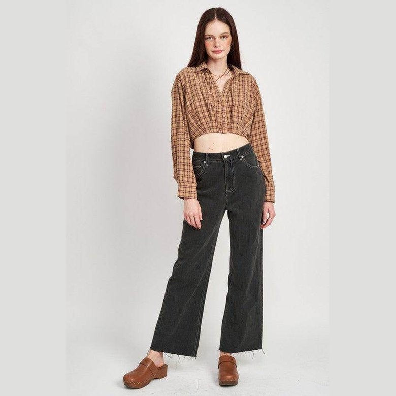 Cropped Button Up Shirt With Elastic Waistband - VacationGrabs