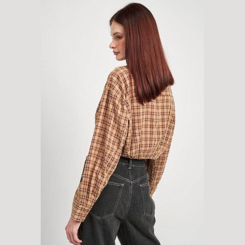 Cropped Button Up Shirt With Elastic Waistband - VacationGrabs