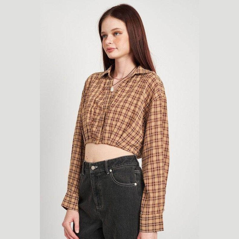 Cropped Button Up Shirt With Elastic Waistband - VacationGrabs