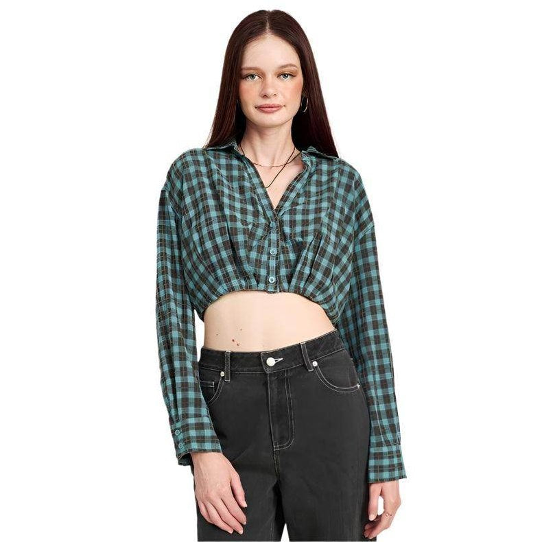 Cropped Button Up Shirt With Elastic Waistband - VacationGrabs