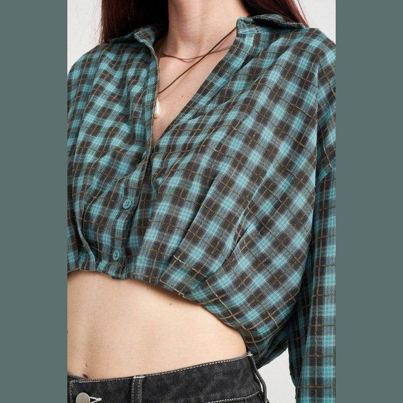 Cropped Button Up Shirt With Elastic Waistband - VacationGrabs