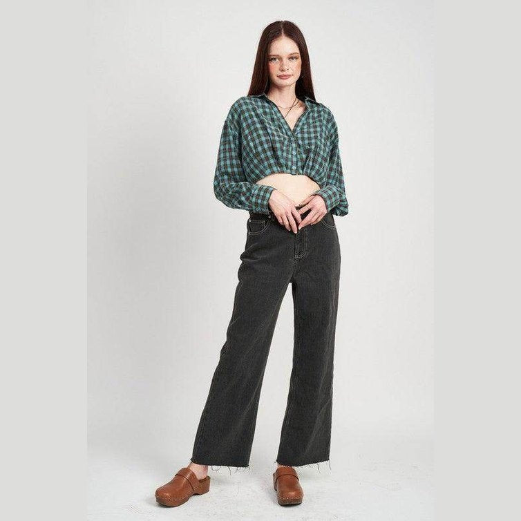 Cropped Button Up Shirt With Elastic Waistband - VacationGrabs