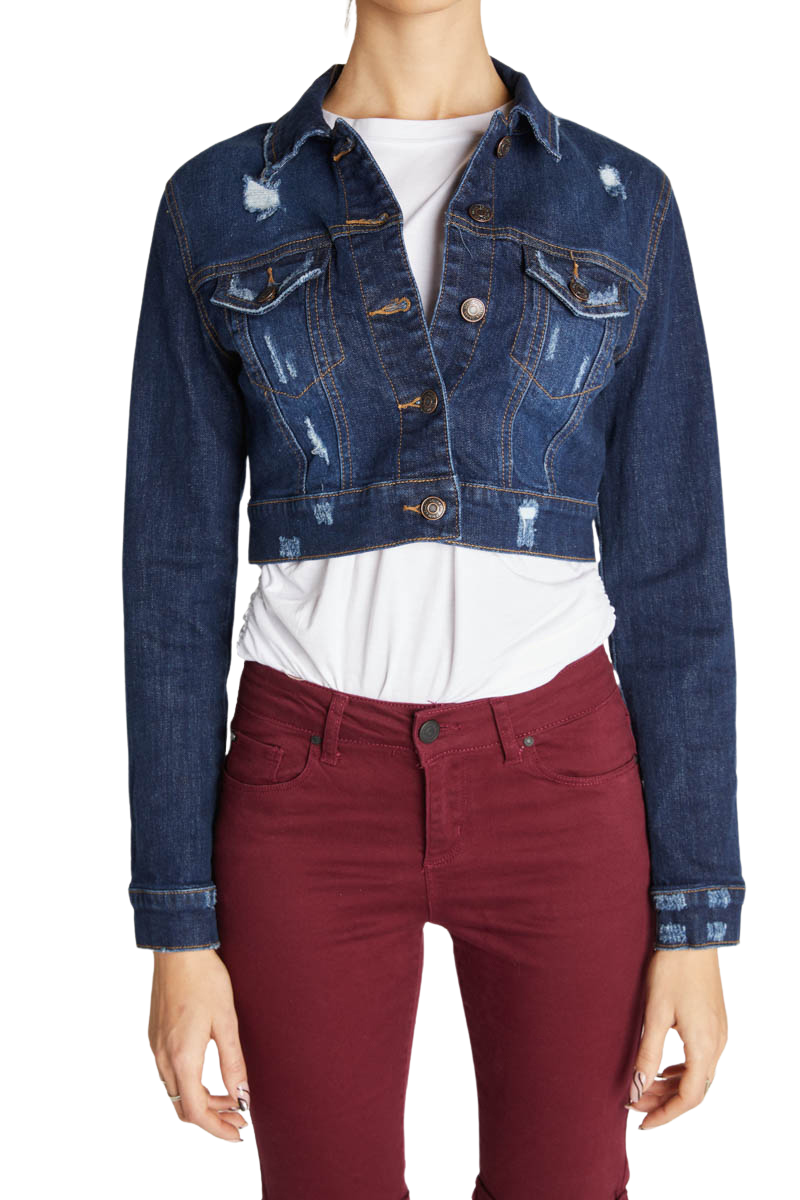 Women's cropped dad sherpa trucker jacket, distressed denim for casual outings