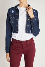 Women's cropped dad sherpa trucker jacket in dark blue denim