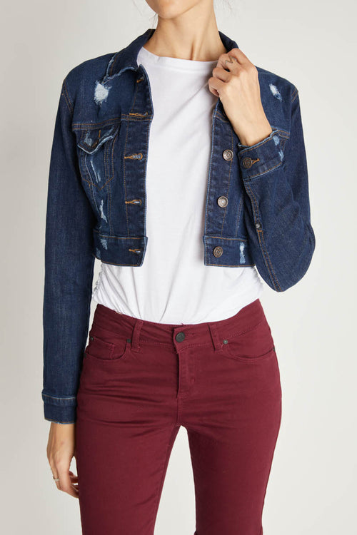 Women's cropped dad sherpa trucker jacket in dark blue denim