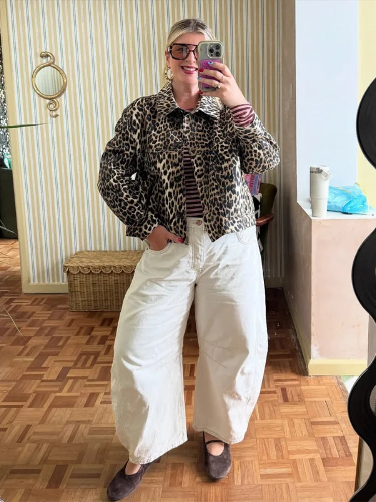 Cropped dad sherpa trucker jacket in leopard print, stylish layering piece