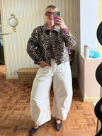 Cropped dad sherpa trucker jacket in leopard print, stylish layering piece