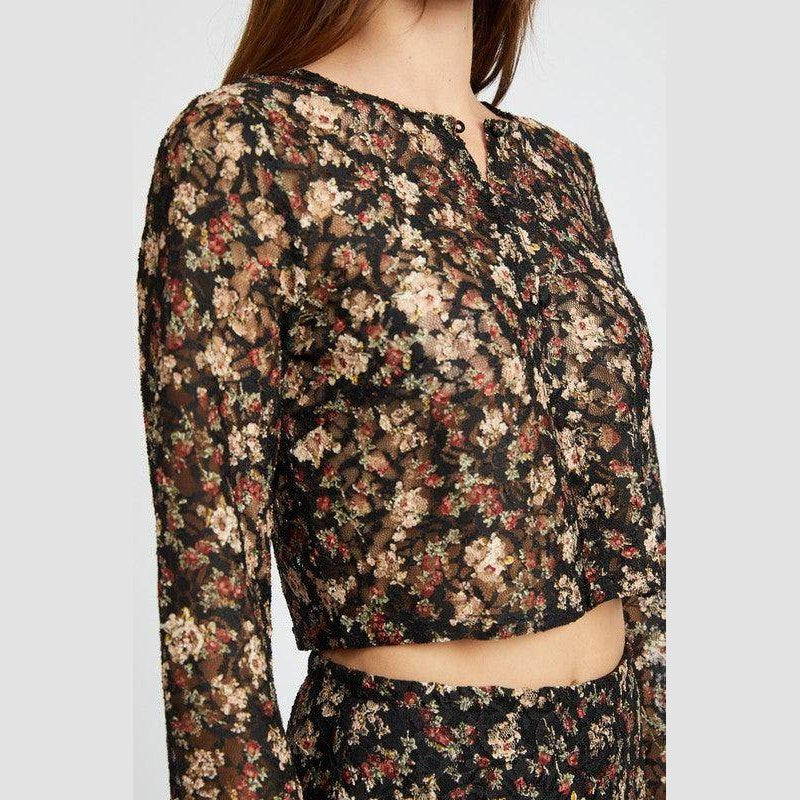Emory Park cropped floral summer blouse with long sleeves and intricate floral pattern on a sheer fabric