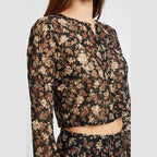 Emory Park cropped floral summer blouse with long sleeves and intricate floral pattern on a sheer fabric