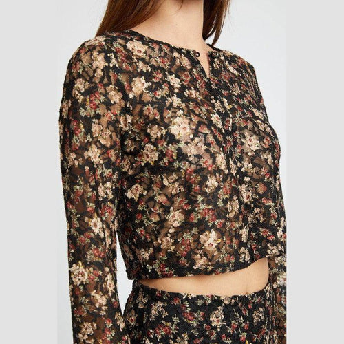 Emory Park cropped floral summer blouse with long sleeves and intricate floral pattern on a sheer fabric