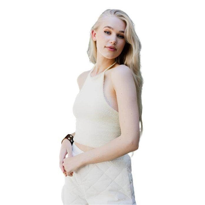Leto Accessories cropped fuzzy halter top in cream, perfect for casual summer outfits