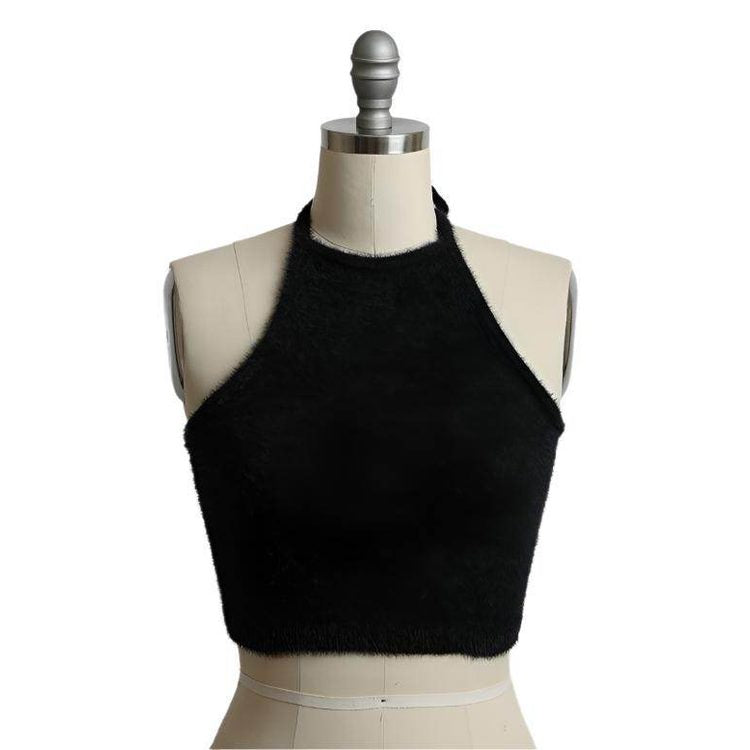 Leto Accessories cropped fuzzy halter top in black, featuring a stylish design and soft texture