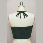 Back view of Leto Accessories cropped fuzzy halter top in dark green with adjustable tie neck.