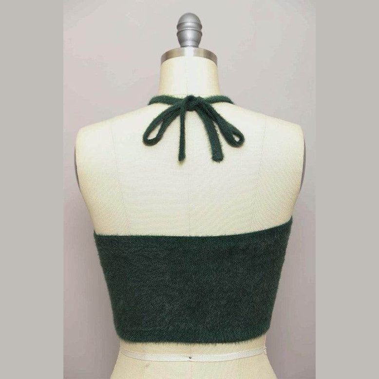 Back view of Leto Accessories cropped fuzzy halter top in dark green with adjustable tie neck.