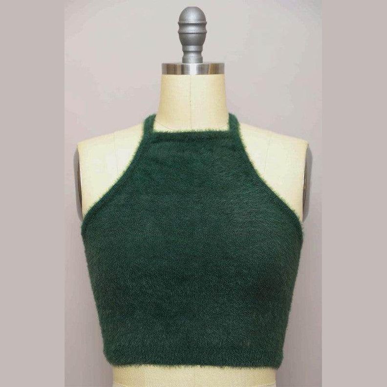 Leto Accessories cropped fuzzy halter top in green, perfect for stylish summer outfits