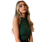Fashionable women's cropped fuzzy halter top in green, perfect for casual outings or paired with high-waisted jeans
