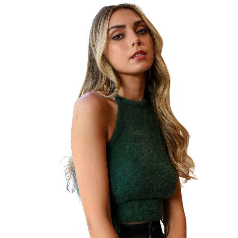 Fashionable women's cropped fuzzy halter top in green, perfect for casual outings or paired with high-waisted jeans