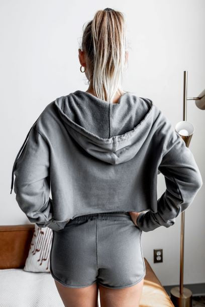 Women's gray cropped hoodie, soft fabric, casual wear