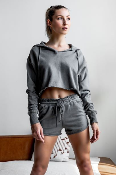 women's gray cropped hoodie set, comfortable for casual outings