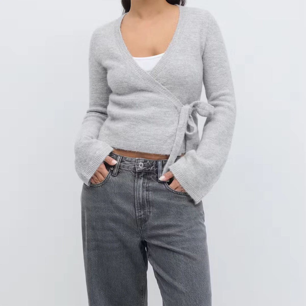 Women's gray cropped jumper sweater, soft material for casual wear