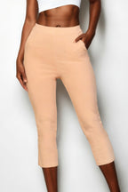 Women's beige cropped pants for women, comfortable stretchy material