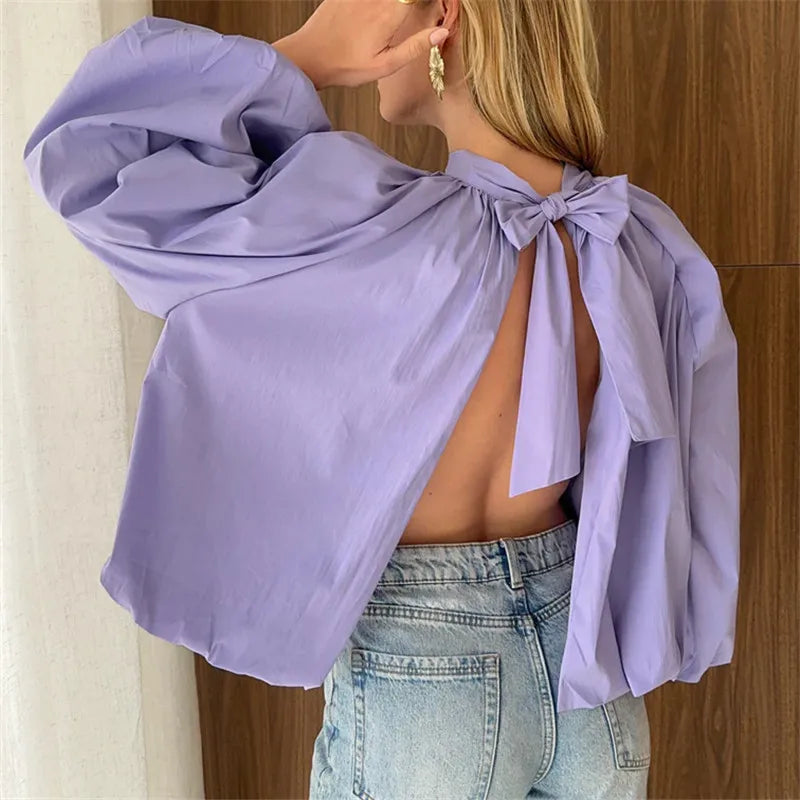 Women’s lavender cropped shirt top with back tie, perfect for warm weather
